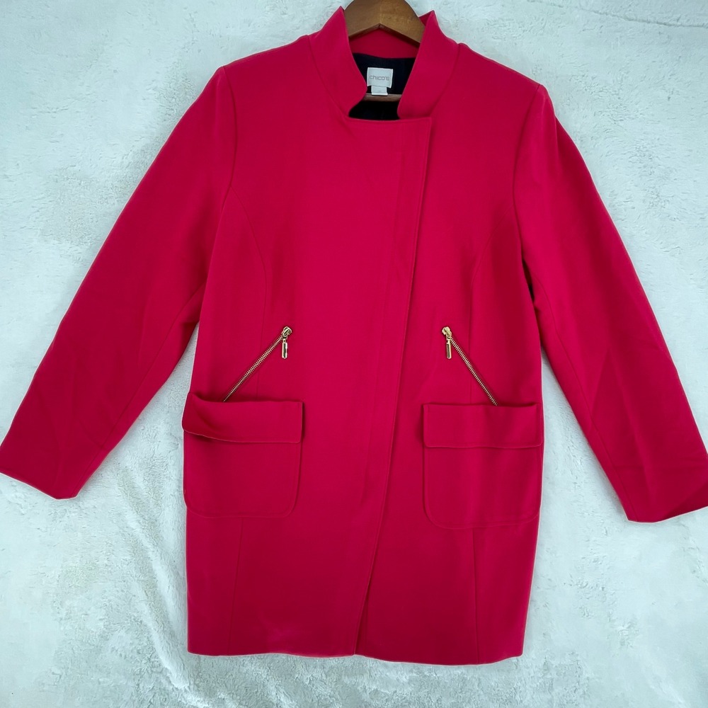 Chico's Red Asymmetrical Gold Zip Mock Neck Longline Jacket Trench Sz 2 Lg